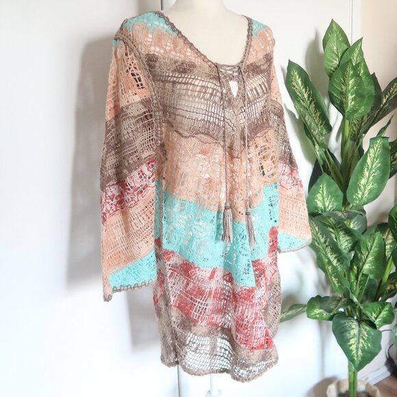 Soft Surroundings Multicolor Turquoise Red Crochet Tassel Boho Tunic Top Size L - Picture 3 of 16